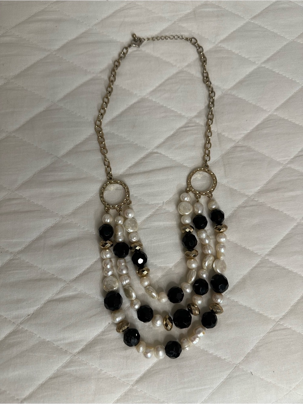 Multi-Strand Faux Pearl and Black Bead Statement Necklace - Gold Tone Jewelry - Picture 4 of 4